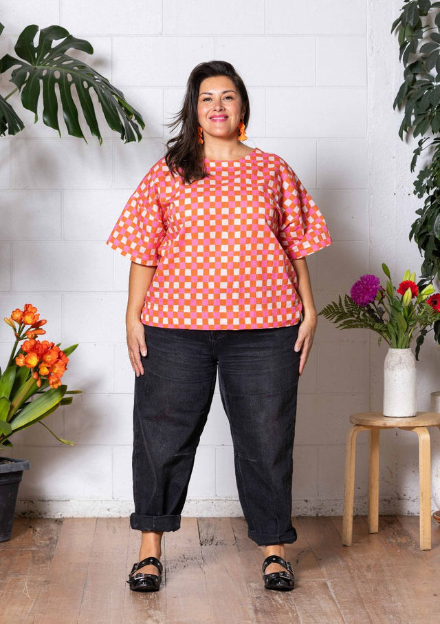 Lisso Boxy Top - Hand Drawn Check Burnt Orange