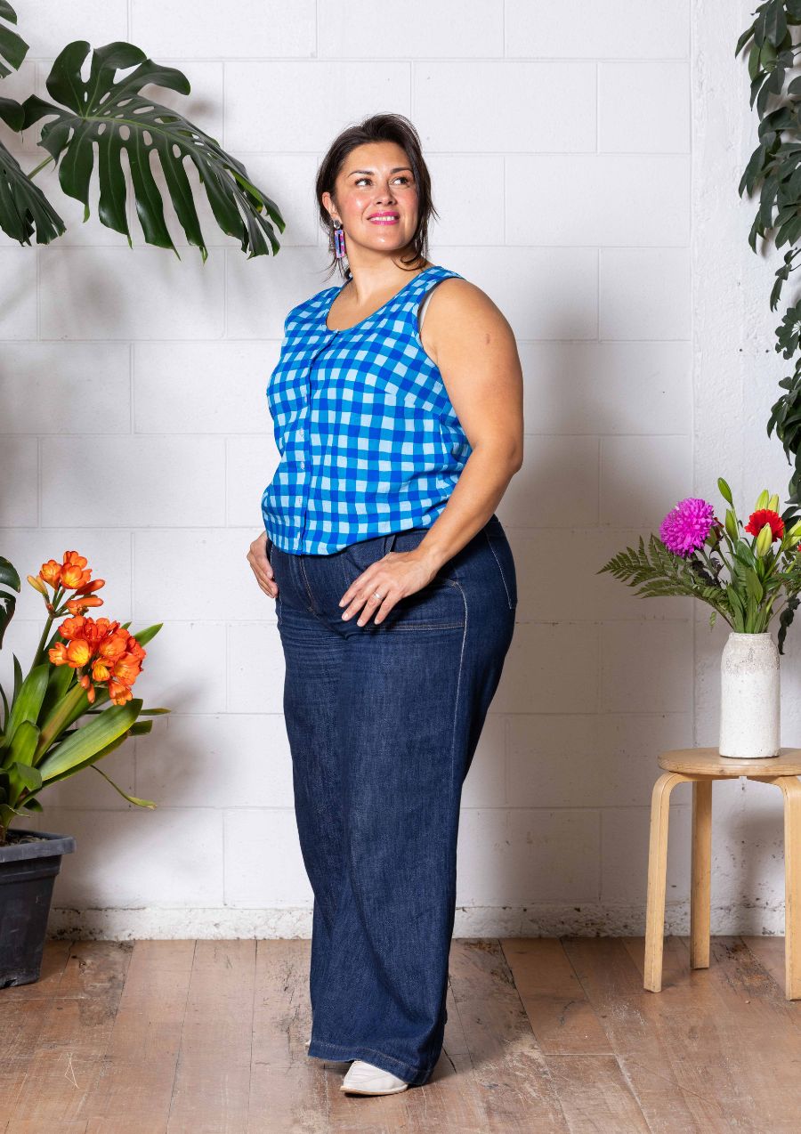 Frankie Singlet Top - Hand Drawn Check Blue