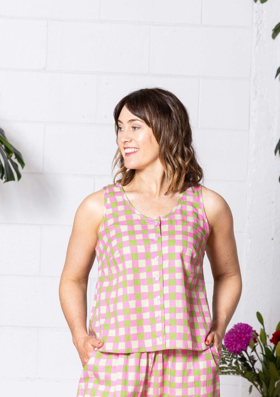 Frankie Singlet Top - Hand Drawn Check Citrus