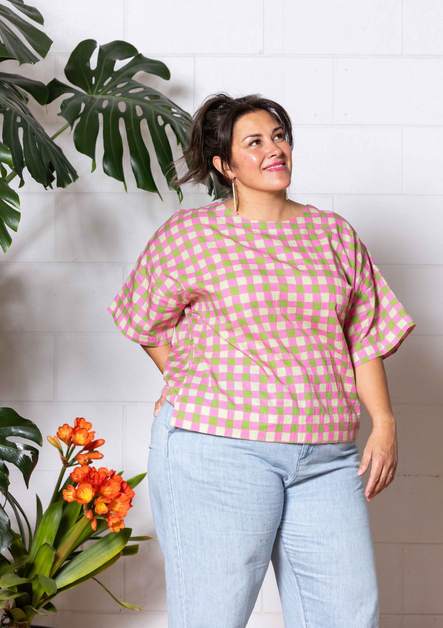 Lisso Boxy Top - Hand Drawn Check Citrus