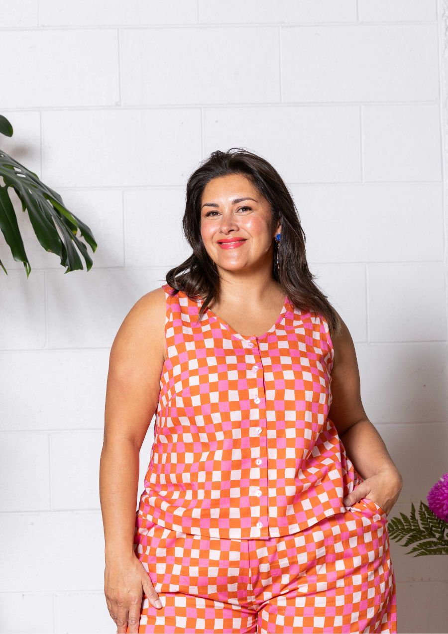 Frankie Singlet Top - Hand Drawn Check Burnt Orange
