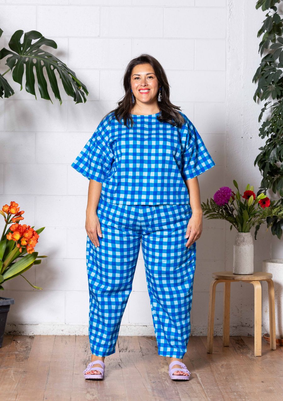 Lisso Boxy Top - Hand Drawn Check Blue