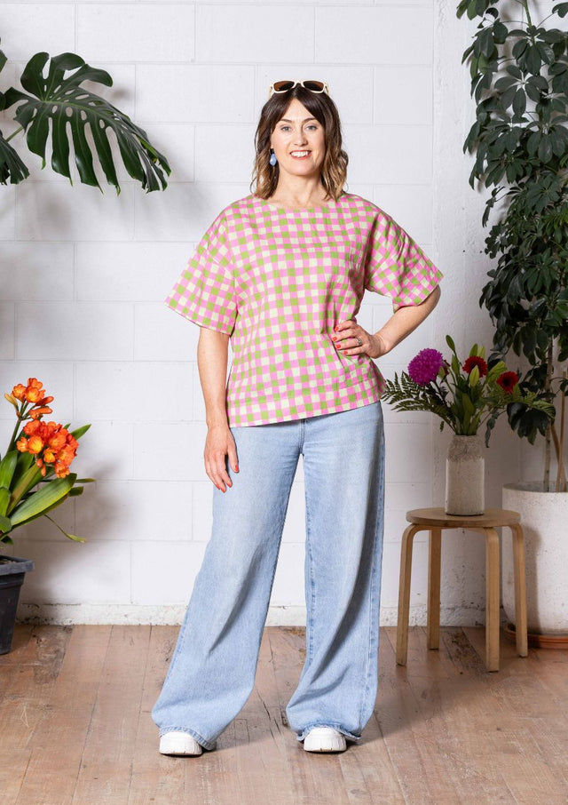Lisso Boxy Top - Hand Drawn Check Citrus
