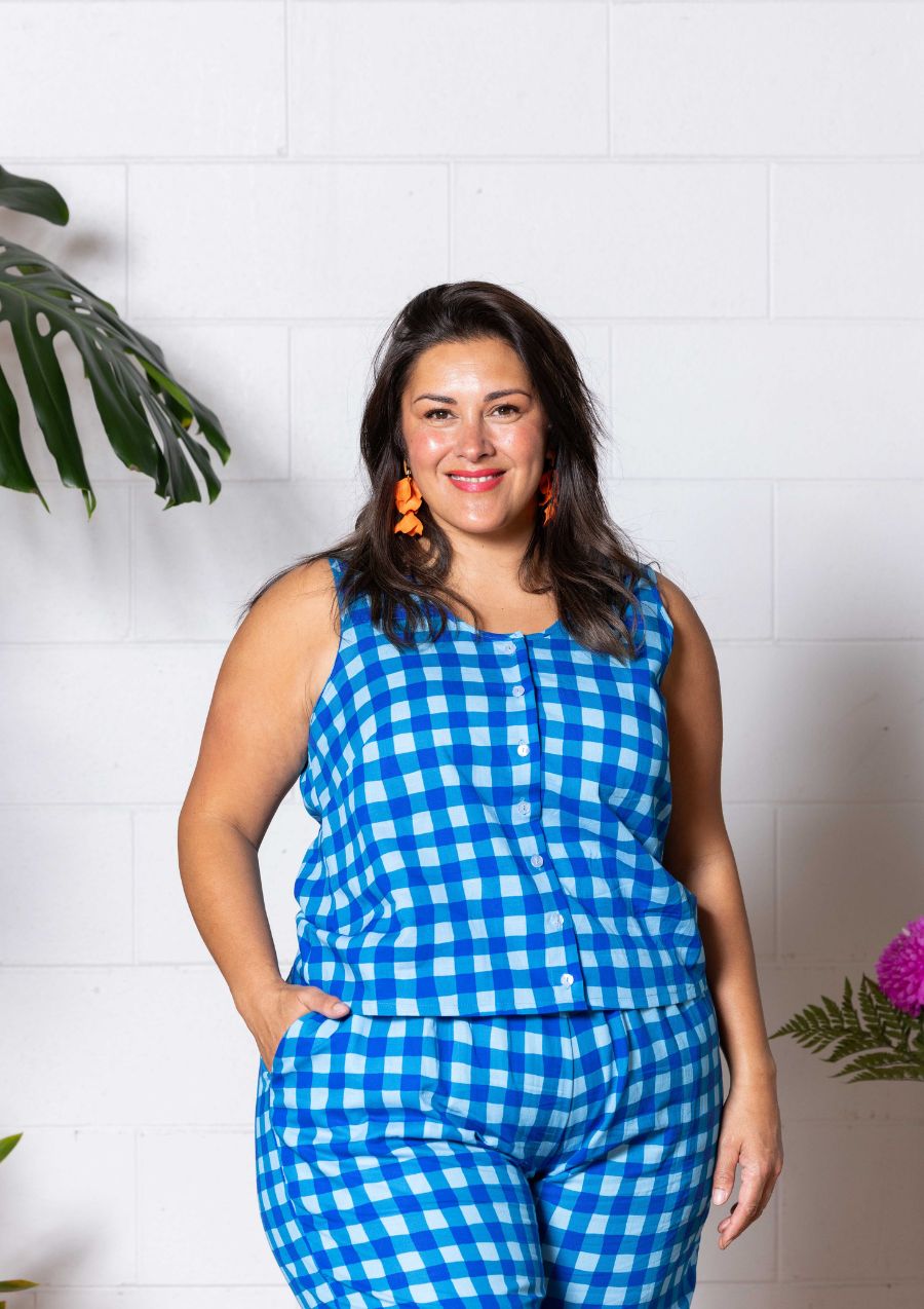 Frankie Singlet Top - Hand Drawn Check Blue