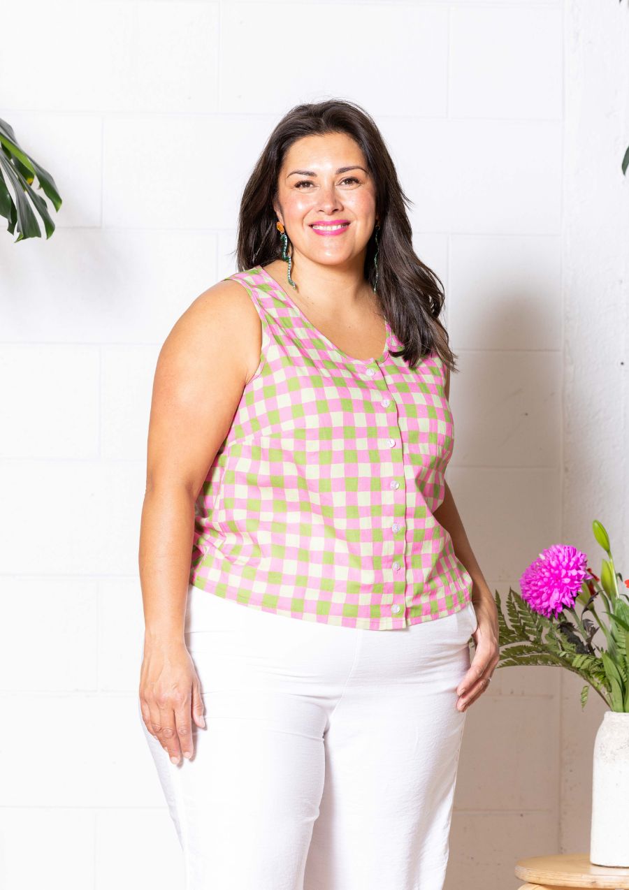 Frankie Singlet Top - Hand Drawn Check Citrus