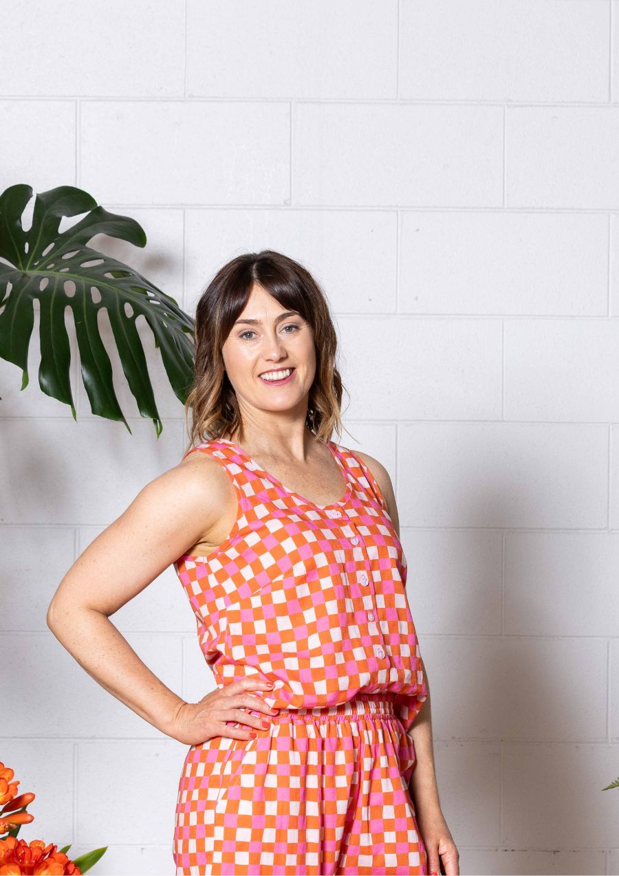 Frankie Singlet Top - Hand Drawn Check Burnt Orange