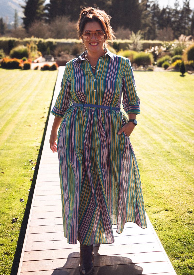 Peta Shirt Dress - Tile Stripe Ocean Zest
