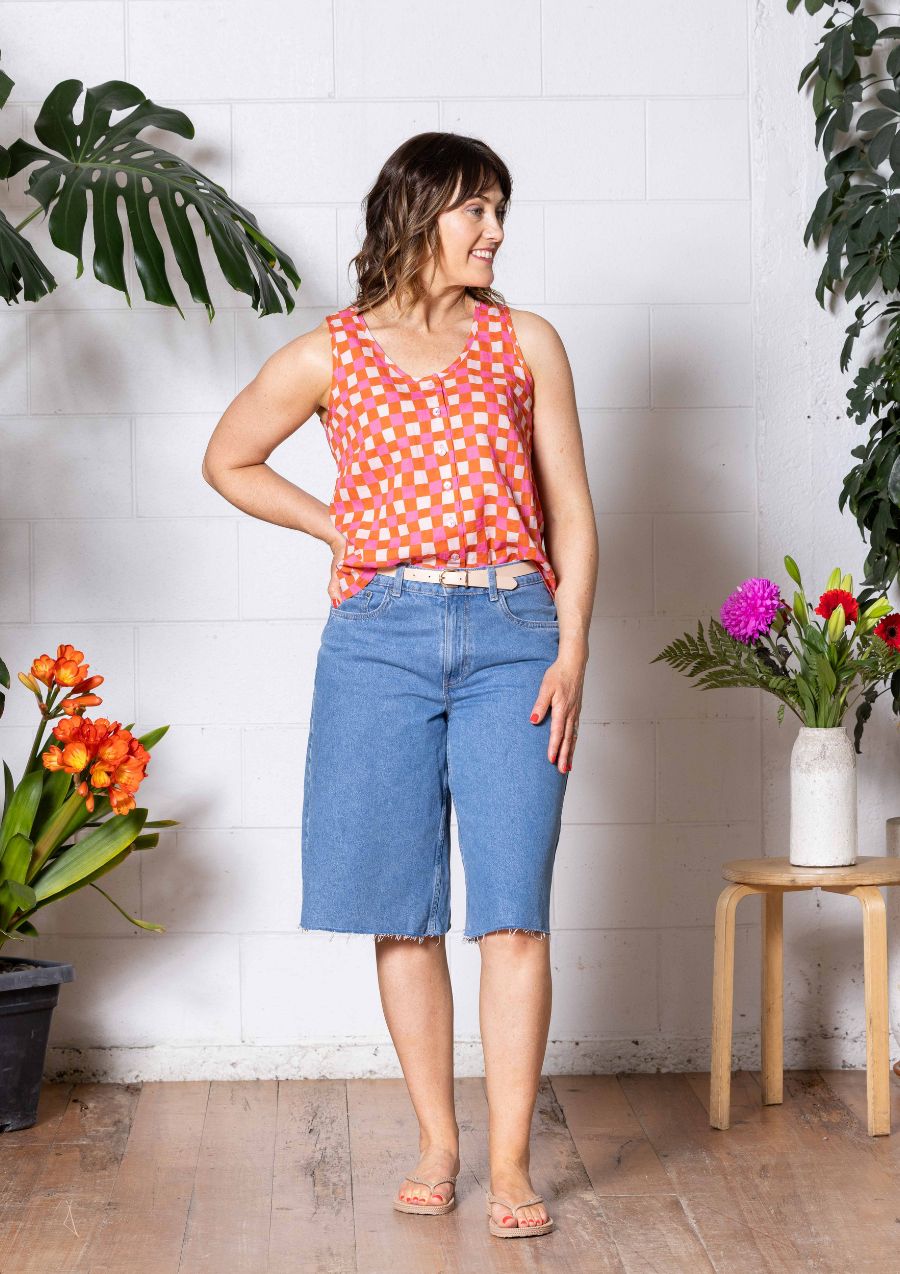 Frankie Singlet Top - Hand Drawn Check Burnt Orange