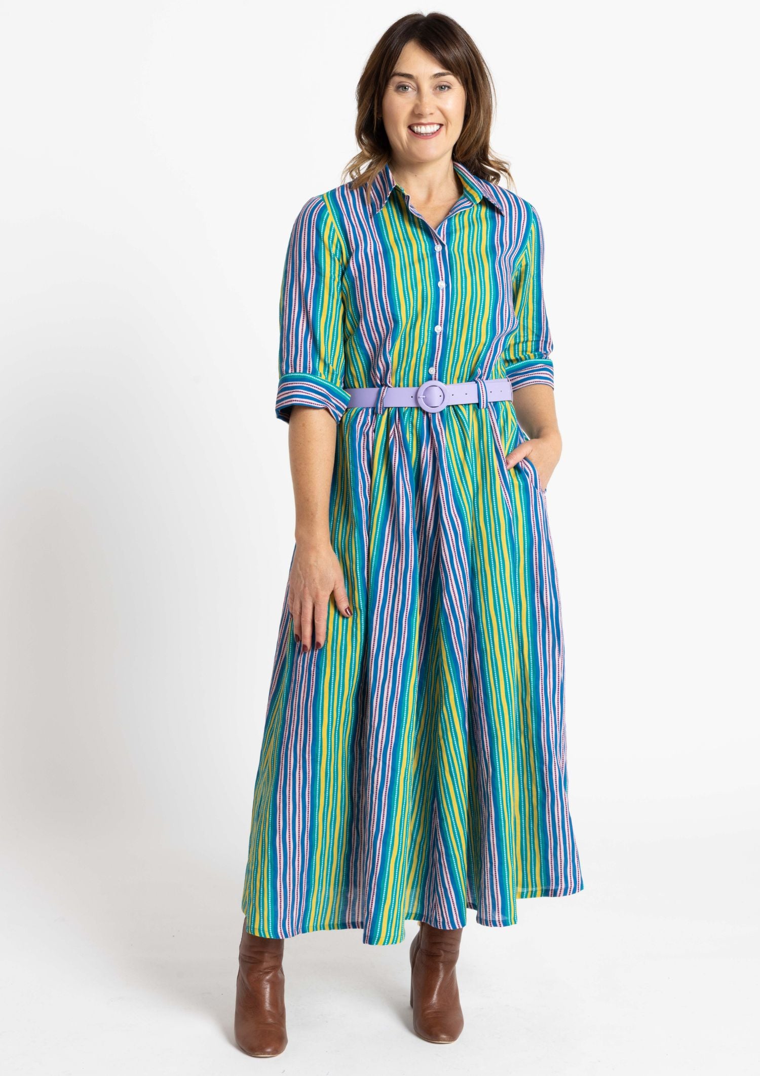 Peta Shirt Dress - Tile Stripe Ocean Zest