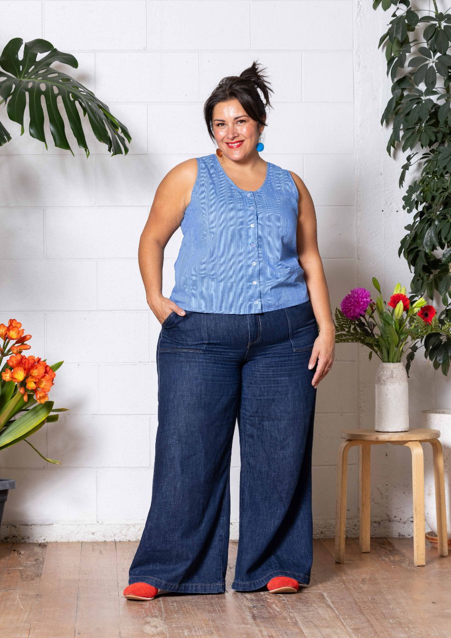 Frankie Singlet Top - Thin Pin Blue