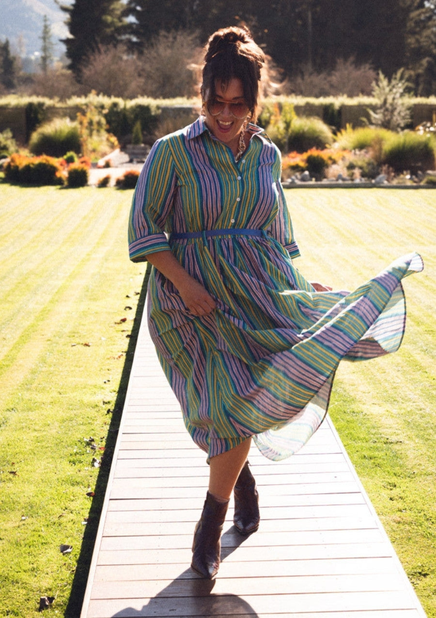 Peta Shirt Dress - Tile Stripe Ocean Zest