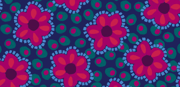 A colorful flower pattern on a dark blue background.