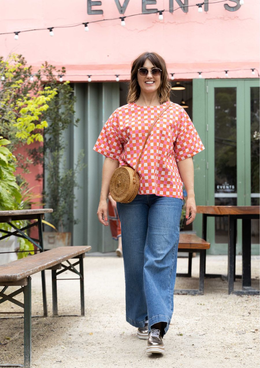 Lisso Boxy Top - Hand Drawn Check Burnt Orange