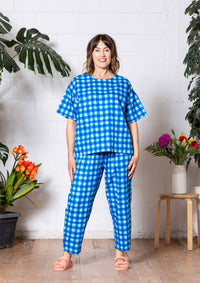 Lisso Boxy Top - Hand Drawn Check Blue