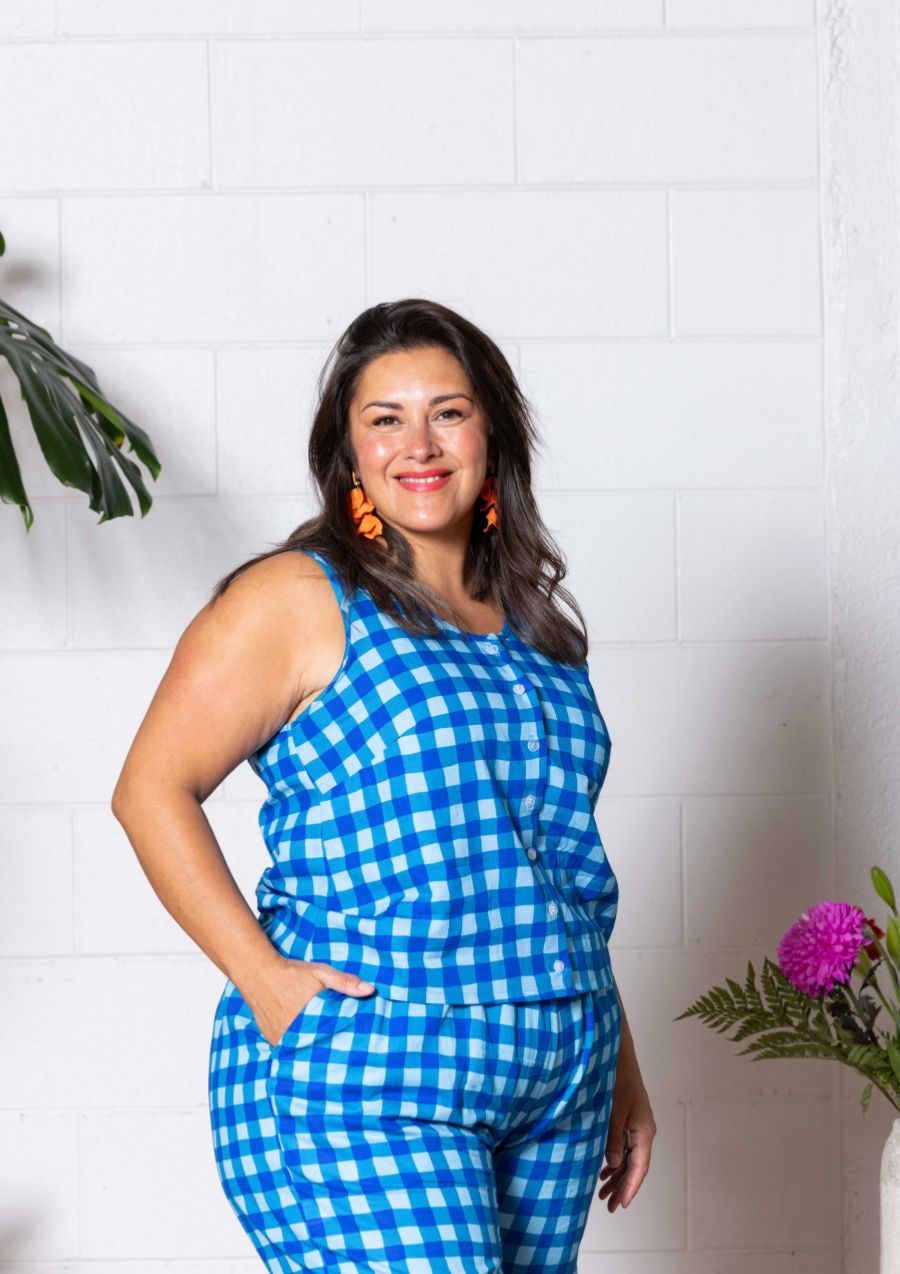 Frankie Singlet Top - Hand Drawn Check Blue