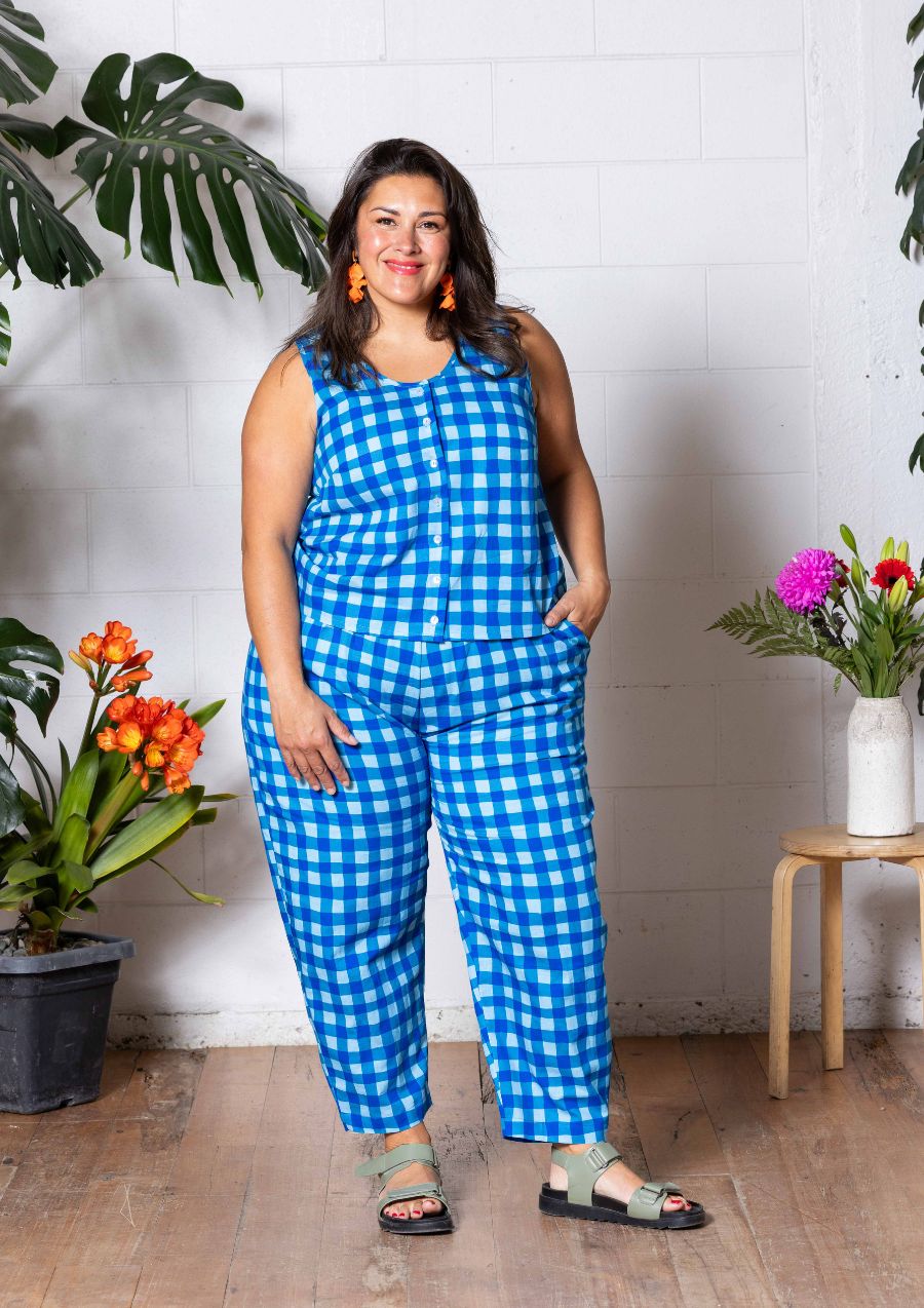 Frankie Singlet Top - Hand Drawn Check Blue