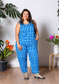 Frankie Singlet Top - Hand Drawn Check Blue