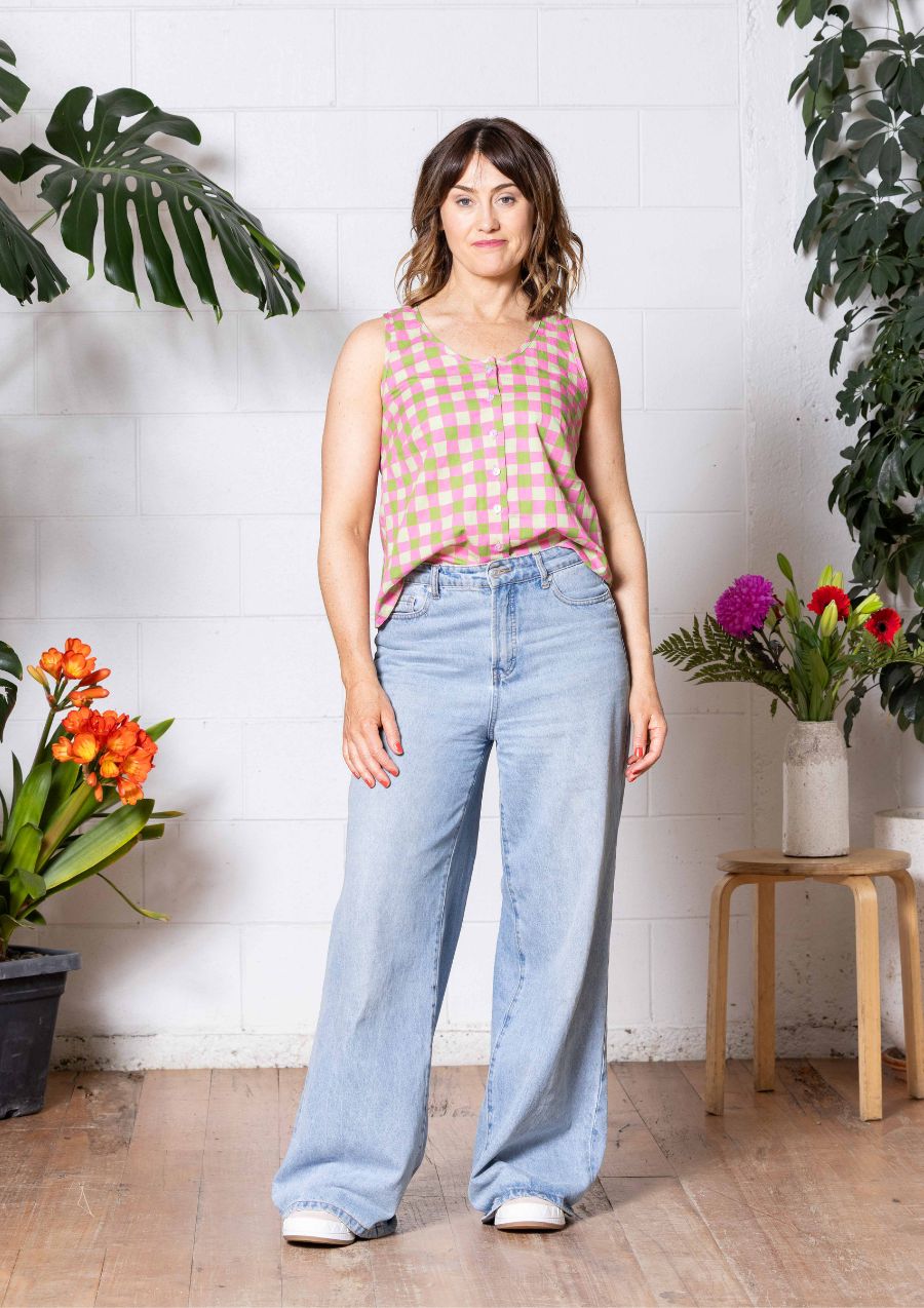 Frankie Singlet Top - Hand Drawn Check Citrus