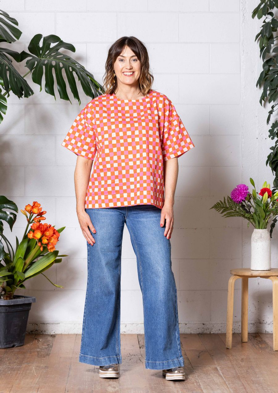 Lisso Boxy Top - Hand Drawn Check Burnt Orange
