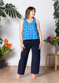 Frankie Singlet Top - Hand Drawn Check Blue