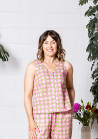 Frankie Singlet Top - Hand Drawn Check Citrus