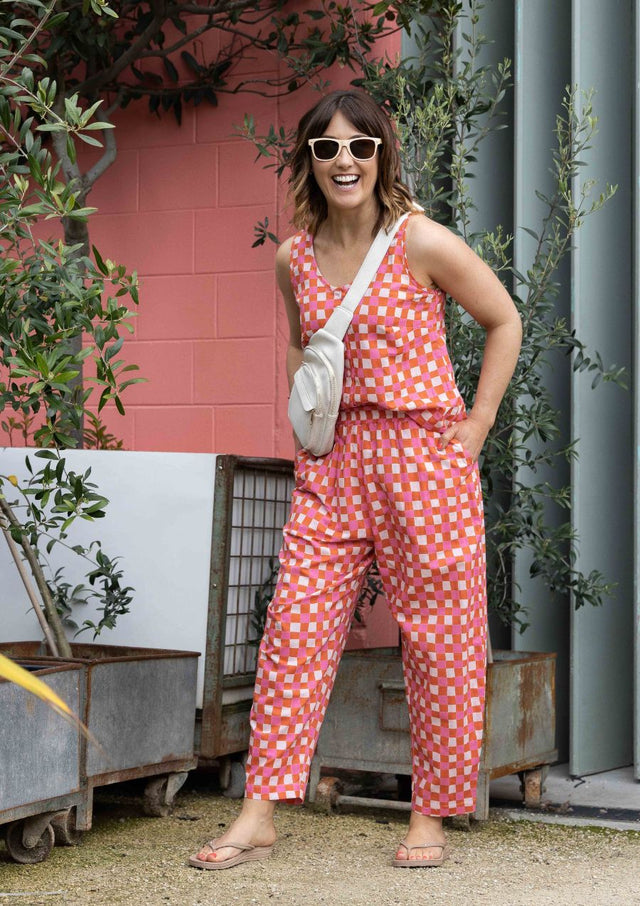 Frankie Singlet Top - Hand Drawn Check Burnt Orange