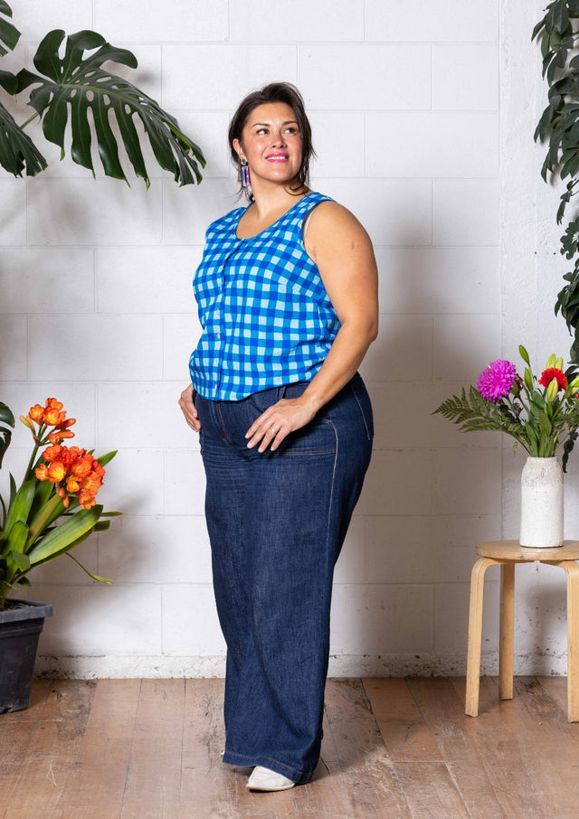 Frankie Singlet Top - Hand Drawn Check Blue