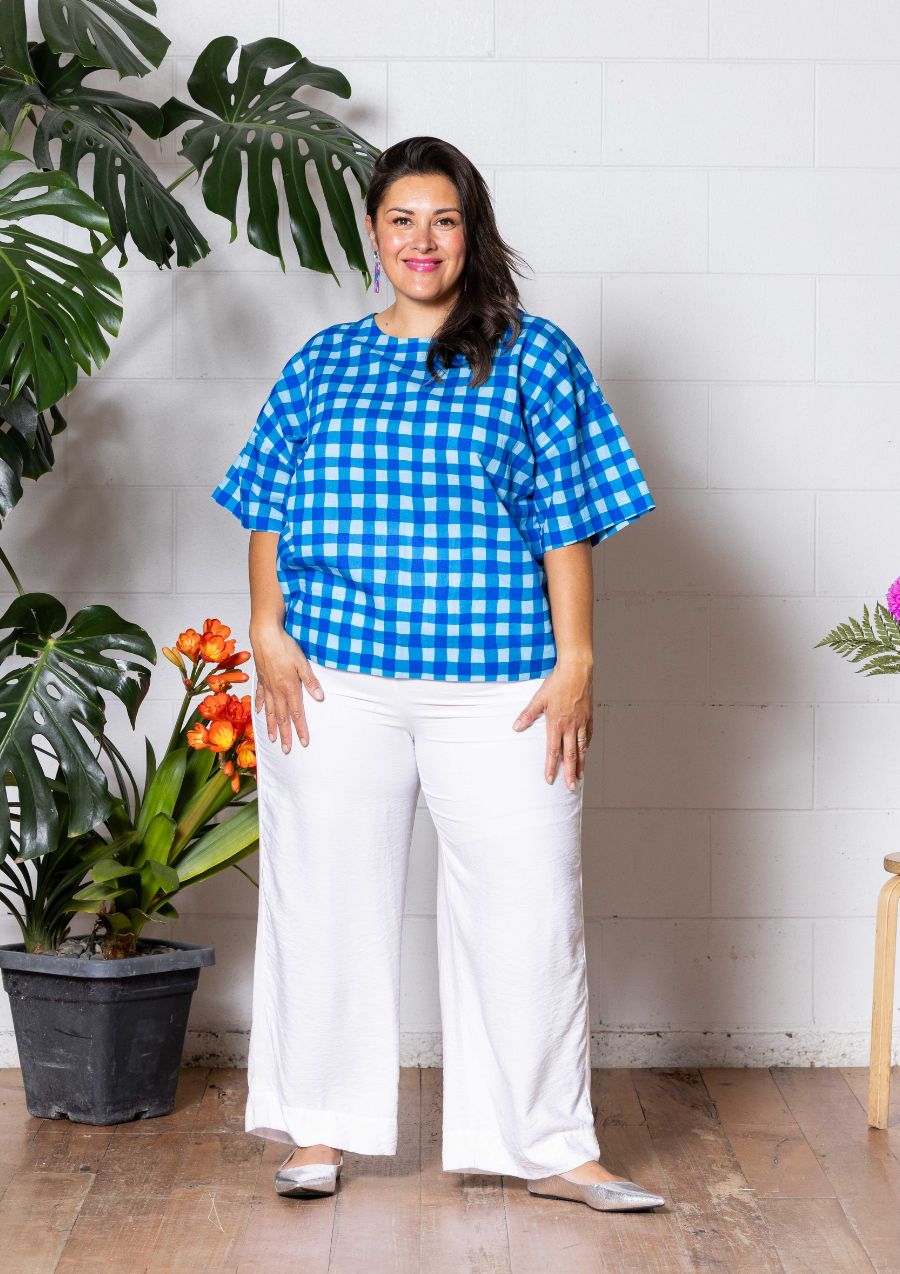Lisso Boxy Top - Hand Drawn Check Blue