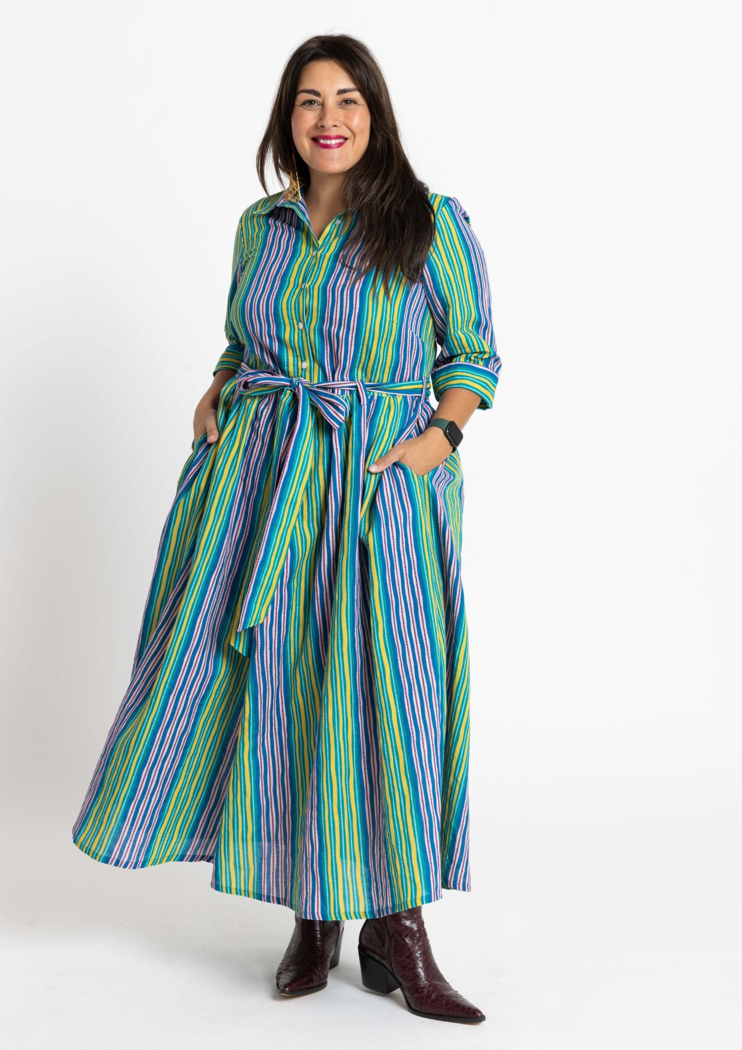 Peta Shirt Dress - Tile Stripe Ocean Zest