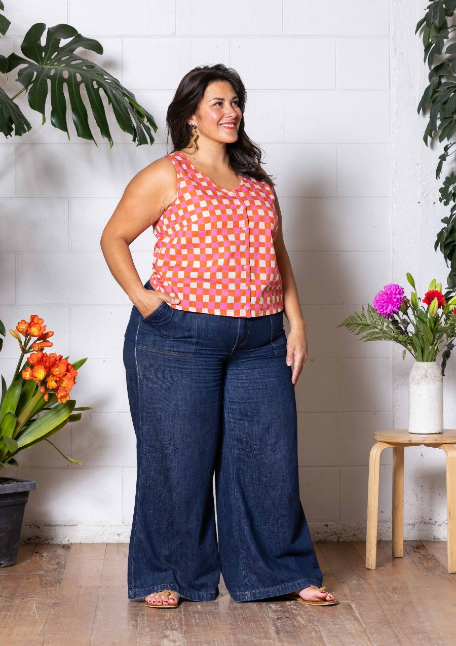 Frankie Singlet Top - Hand Drawn Check Burnt Orange