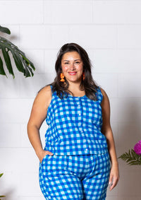 Frankie Singlet Top - Hand Drawn Check Blue