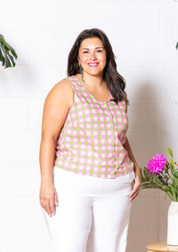 Frankie Singlet Top - Hand Drawn Check Citrus