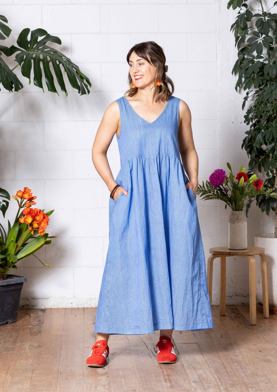 Reverie Reversible Dress - Thin Pin Blue