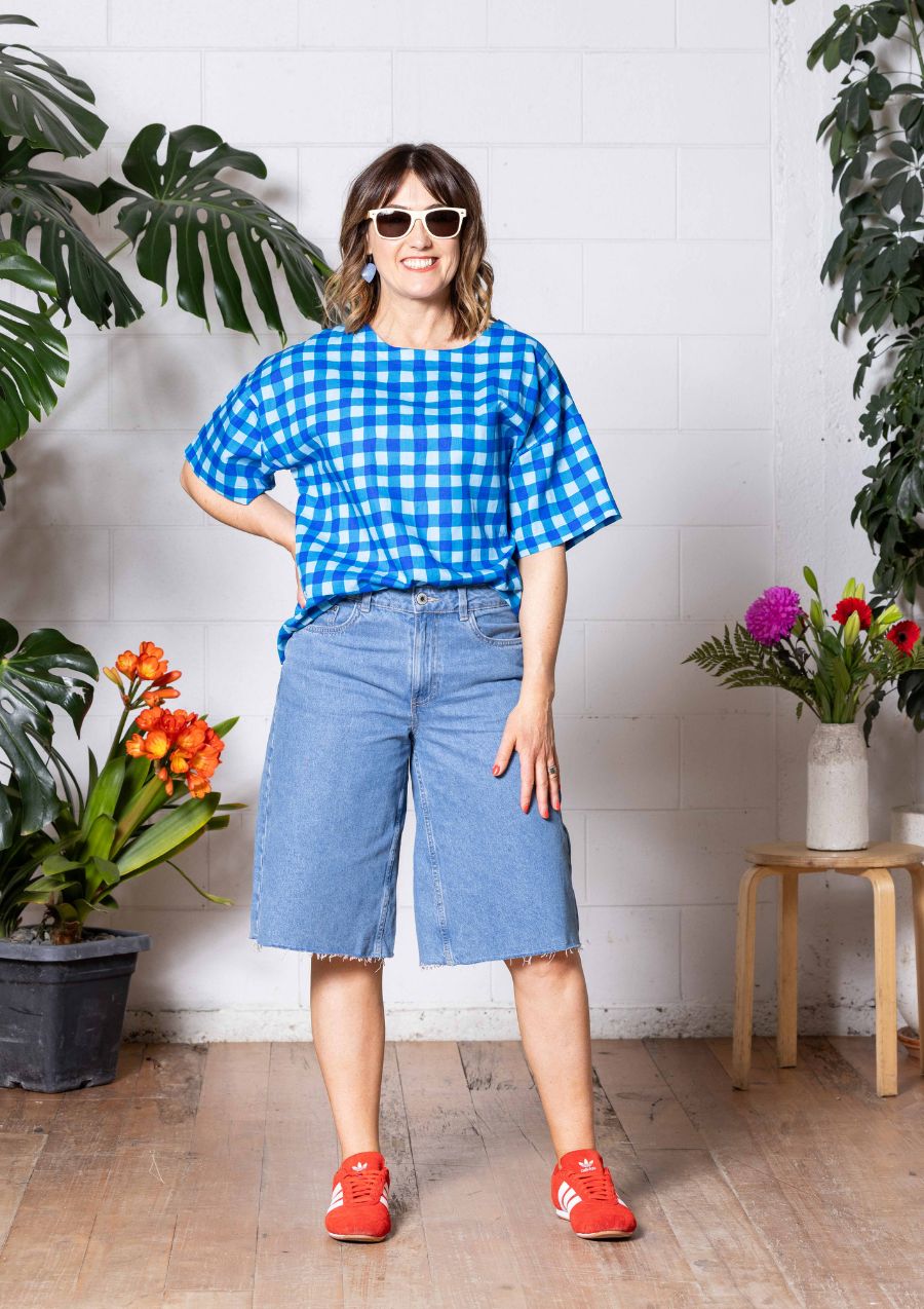 Lisso Boxy Top - Hand Drawn Check Blue