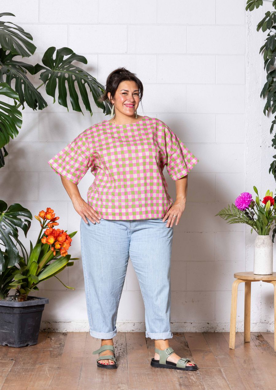 Lisso Boxy Top - Hand Drawn Check Citrus