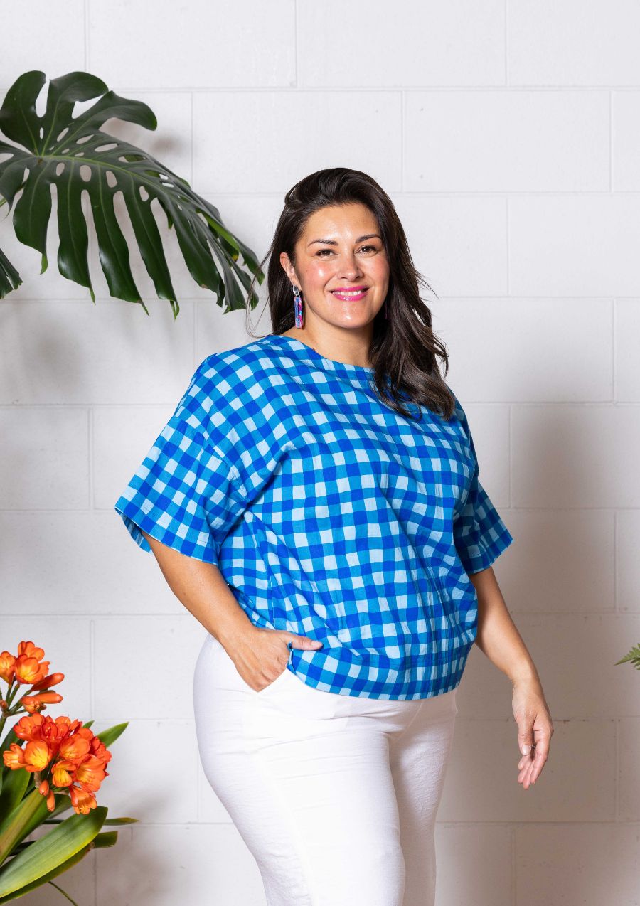 Lisso Boxy Top - Hand Drawn Check Blue